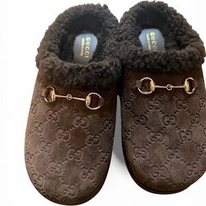 Gucci Dark Brown GG Suede & Shearling Mules